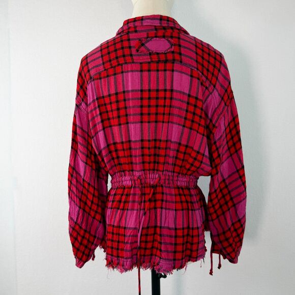 We the Free Free People | Pacific Dawn Red Pink Plaid Distressed Shirt | Sz S - Picture 5 of 12